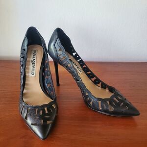Karl Lagerfeld Paris Aria Laser Cut Black Leather Stiletto Heels US 6 UK 4 EU 37